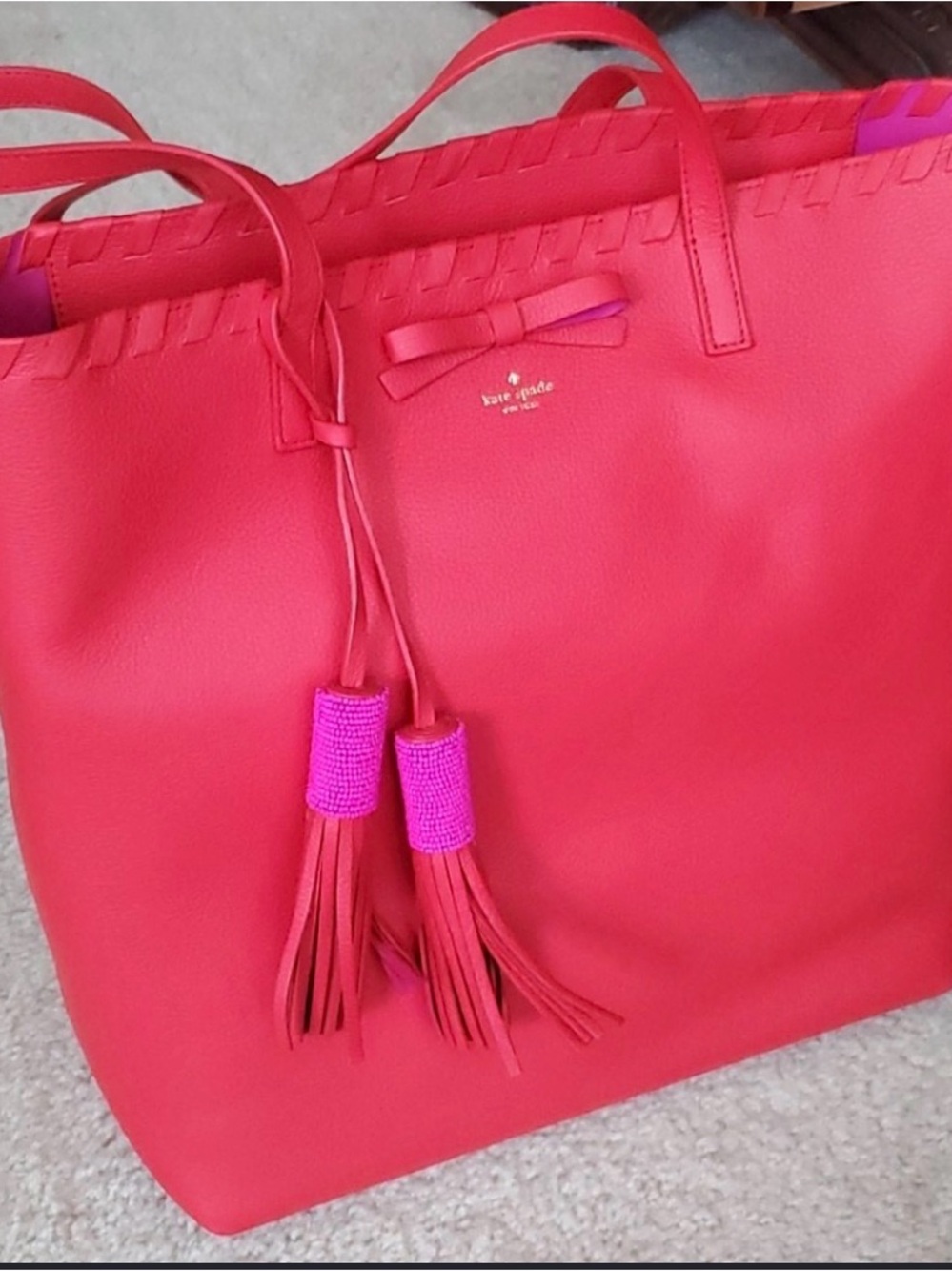 kate spade Red and Pink Leather Tote Shoulder Bag with Tassels